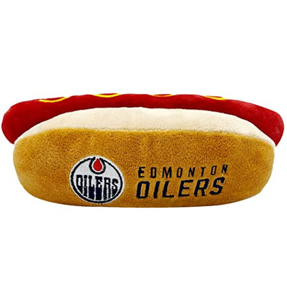Pets First NHL Edmonton Oilers HOT Dog Plush Dog & CAT Squeak Toy - Cutest HOT-Dog Snack Plush Toy for Dogs & Cats with Inner Squeaker & Beautiful Hockey Team Name/Logo 8 x 5 x 3 Inches - color: Edmonton Oilers, style: NHL Hot Dog Toy