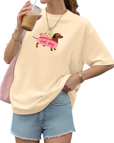Aiyino Womens Funny Dog Graphic Tee Oversized Dog Lover Shirt | 100 Percent Cotton Soft Breathable Lightweight Everyday Comfort - color: Hot Dog Apricot, size: XX-Large