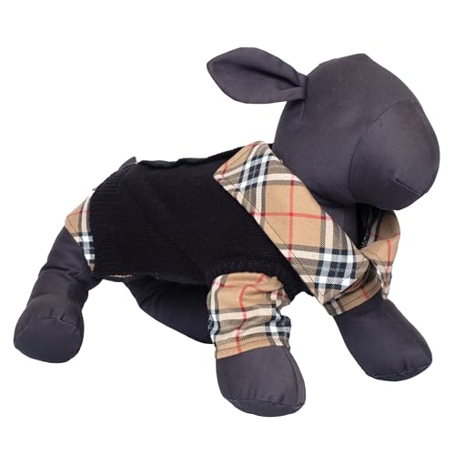 THE WORTHY DOG Two-Fer Cardigan Dog Sweater – Warm Pullover Dog Clothes with Plaid Collar, Faux Buttons & High-Cut Belly - Black/Beige, X-Small - color: Two-Fer - Black/Beige, size: X Small