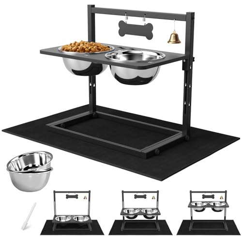 SHAINFUN Elevated Dog Bowls with Mat, Adjustable Height 4.3''-11.8'', Metal Stand, Two 1.7L Stainless Steel Food & Water Bowls for Large, Medium Dogs - size: metal plate - large dogs