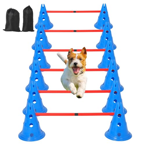 OUTLANE Dog Agile Set with Cones & Hurdles - Portable Puppy Obstacle Course Equipment for Training, Includes Storage Bag & 4 Adjustable Heights Obstacle