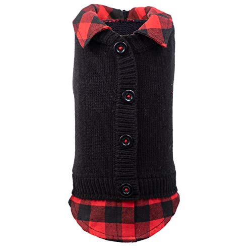 THE WORTHY DOG Two-Fer Cardigan Dog Sweater – Warm Pullover Dog Clothes with Plaid Collar, Faux Buttons & High-Cut Belly - Black, Small - color: Two-Fer - Black, size: Small