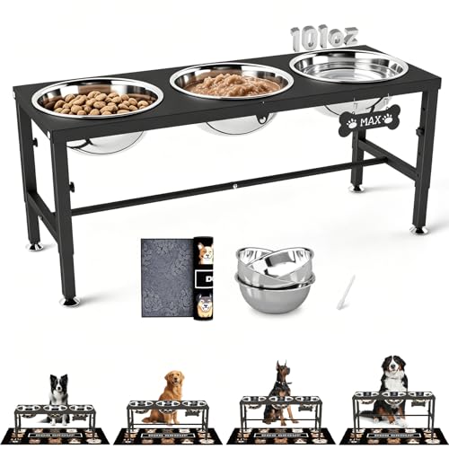SHAINFUN Elevated Dog Bowl Stand for Large Dogs& Extra Large Dogs with 3 Bowls 101oz– 4 Adjustable Height Raised Pet Feeder with Anti-Spill Mat, Stainless Steel Food & Water Station - color: Black-3L-Three