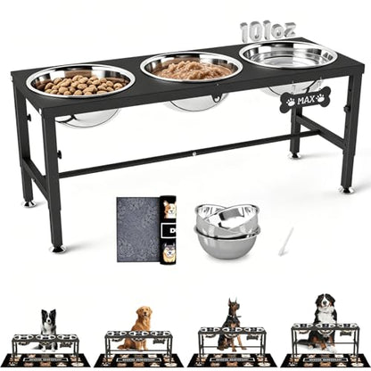 SHAINFUN Elevated Dog Bowl Stand for Large Dogs& Extra Large Dogs with 3 Bowls 101oz– 4 Adjustable Height Raised Pet Feeder with Anti-Spill Mat, Stainless Steel Food & Water Station - color: Black-3L-Three