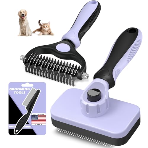 3PCS Self Cleaning Slicker Brush & Pet Grooming Rake & Flea Comb for Dogs,Cats and Horses | Double-Sided Dematting Comb & Skin Friendly Deshedding Grooming Tool | Pet Supplies(Light Purple) - color: Light Purple
