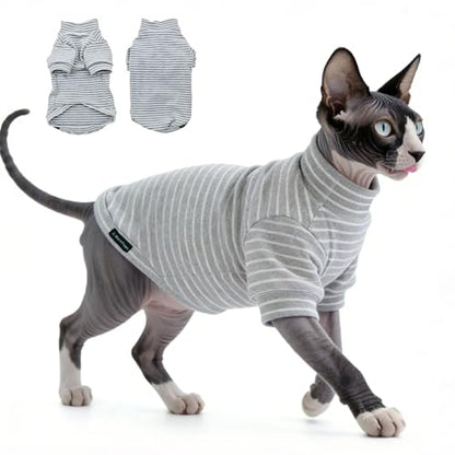 Sphynx Cat Clothes Fleece Cats&Small Dogs Pullover Sweater | Soft warm fleece, covers belly. Stretchy, easy on. Washes well. For small dogs & cats: daily walks, naps, AC rooms. - color: Gray Striped, size: Large