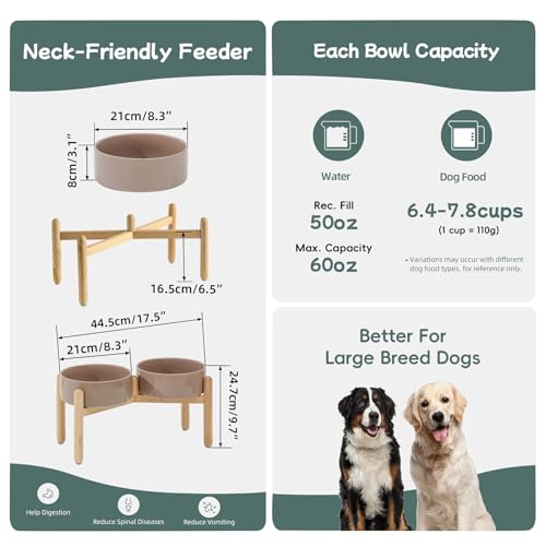 Havniva 8.3inch Ceramic Raised Dog Bowl with Stand, Double Dog Bowls Elevated for Large Breed Dog Food and Water Bowl Set Non-Slip Dog Dish Large Capacity Feeding Pet Water Bowl - color: 2 Bowls+Stand - Brown Coffee, size: 8.3inch