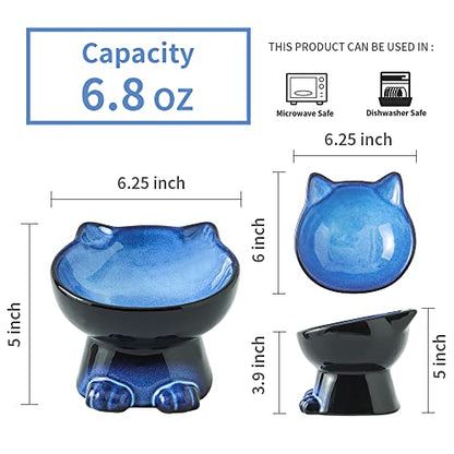 Nihow Slanted Elevated Cat Bowls: 6.25 Inch Ceramic Raised Cat Food Bowl for Protecting Pet's Spine - Microwave & Dishwasher Safe -Elegant Blue & Black (6.8 OZ /1 PC) - color: Blue & Black, size: 6.8 OZ