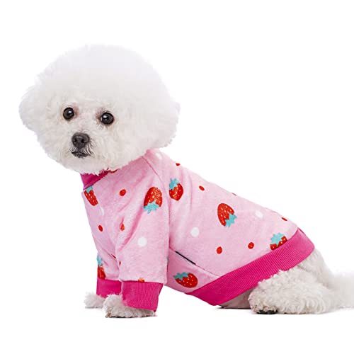 Thick Small Dog Clothes, Flannel Puppy Hoodie, Pink Strawberry Print Pet Sweatshirt, Cat Apparel (S, Pink) - color: Pink Strawberry, size: Small
