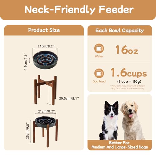 Havniva 1.6 Cup Elevated Slow Feeder Dog Bowls, 8.2” Ceramic Dog Slow Feeding Bowls with Acacia Wood Stand, Raised Dog Food Bowl Puzzle Slow Feeder for Medium Dogs/Fast Eater, Non-Slip & Anti-Choking - color: 1 x Starry Sky + Stand - A, size: L- 8.2inch /