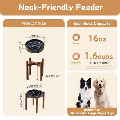 Havniva 1.6 Cup Elevated Slow Feeder Dog Bowls, 8.2” Ceramic Dog Slow Feeding Bowls with Acacia Wood Stand, Raised Dog Food Bowl Puzzle Slow Feeder for Medium Dogs/Fast Eater, Non-Slip & Anti-Choking - color: 1 x Starry Sky + Stand - A, size: L- 8.2inch /