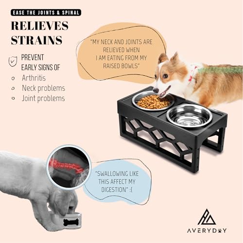 AVERYDAY Small Dog Bowls Elevated, 4 Height Adjustable Raised Dog Bowl Stand with 2 Stainless Steel Food and Water Bowls Set, Tall Dogs Feeding Station with Anti-Slip Base for Small Medium Breeds Dogs - color: Black stand + 2 food bowls, size: Small