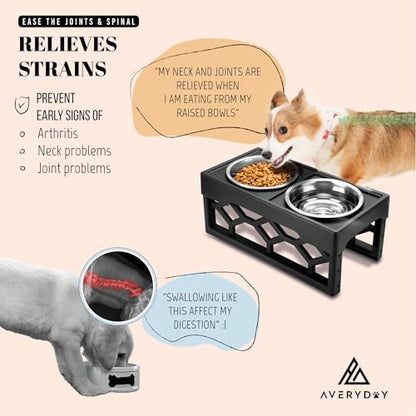 AVERYDAY Small Dog Bowls Elevated, 4 Height Adjustable Raised Dog Bowl Stand with 2 Stainless Steel Food and Water Bowls Set, Tall Dogs Feeding Station with Anti-Slip Base for Small Medium Breeds Dogs - color: Black stand + 2 food bowls, size: Small