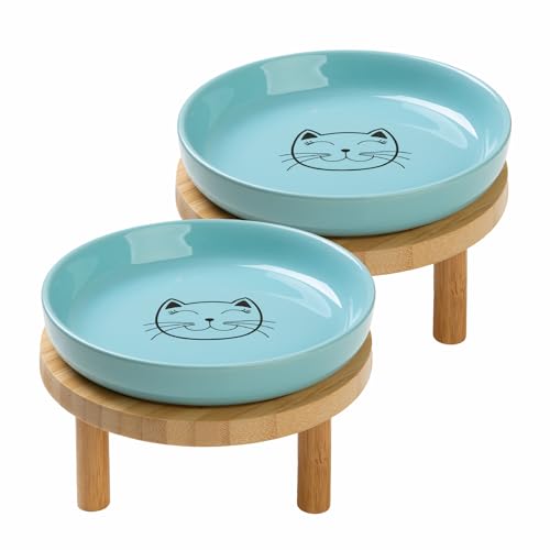 Lusifaco Shallow Elevated Cat Bowls,5.9 Inch Wide Raised Ceramic Cat Dishes with Bamboo Stand, Whisker Friendly Pet Water or Food Plates Feeding Station for Indoor Cats, Kitten (Blue,Set of 2) - color: Blue