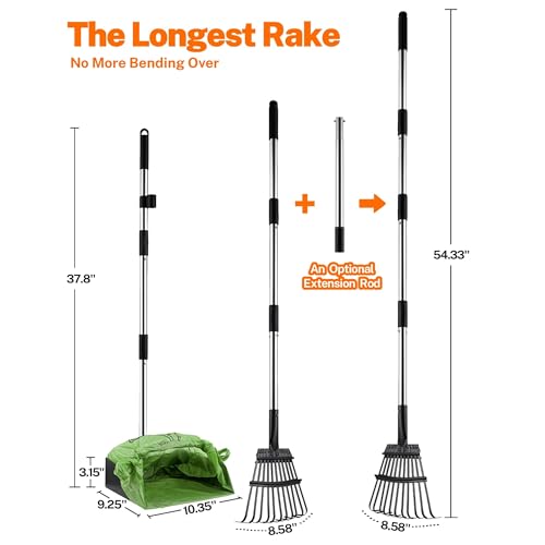 Toozey Dog Pooper Scooper for Large Dogs — 54" Extra Long Handle Poop Scooper for Yard Use, Extra Large Metal Tray & Bag Holder | Easy Cleanup for All Dog Sizes with 20 Bags - size: 54.33" Handle Rake