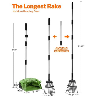 Toozey Dog Pooper Scooper for Large Dogs — 54" Extra Long Handle Poop Scooper for Yard Use, Extra Large Metal Tray & Bag Holder | Easy Cleanup for All Dog Sizes with 20 Bags - size: 54.33" Handle Rake