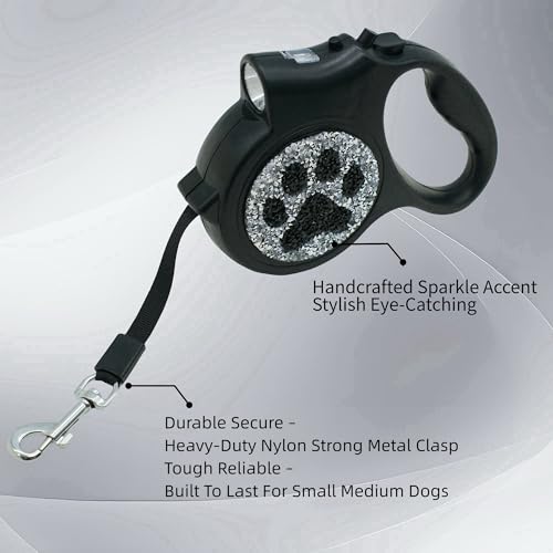 Led Retractable Dog Leash – 16ft Leash with Handcrafted Sparkle Detail Tangle-Free One-Hand Brake Soft Grip Handle for Small & Medium Dogs Up to 77lbs (DL-BK) - color: DL-BK