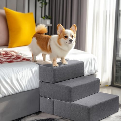 Dog Stairs for Small Dogs 18" H, Modular 3-Step Dog Steps for Bed and Couch, Non-Slip Indoor Pet Stairs for Cats, Pet Step with Washable Cover Grey - size: 3-Step 18"D x 24"W x 18"H