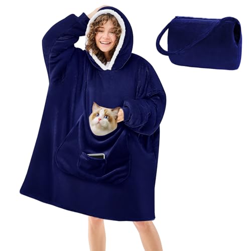 JOYWOO Navy Foldable Wearable Blanket Hoodie,Oversized Cat Lovers Sweatshirt Blanket for Adult, Birthday Gifts for Men,Dad,Husband Cozy Fuzzy Sherpa Hooded Blanket with Giant Pocket and Winter Gifts - color: Navy Blue, size: Foldable