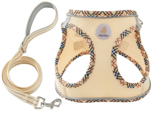 Hipubby Dog Harness Small Sized and Leash Set, No Pull Soft Mesh Puppy Vest, Reflective Breathable Lightweight Pet Harness, Harness for Small Medium Dogs and Cats - Khaki/Tirm, L - color: Khaki/Tirm, size: L (Chest: 18.8"-20.8")