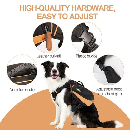 Dog Backpack Suitable for Medium to Large Dogs, Adjustable Lightweight Pet Harness, Built-in Poop Bag Dispenser, Waterproof and Safe, Suitable for Hiking, Puppy Training, Or Daily Walks, L
