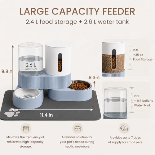 Gravity Cat Feeder 2 Pack Automatic Food Feeder Stainless Steel Water Dispenser Set 360 Degree Rotatable Pet Bowls with Silicone Mat for Cats Small Medium Dogs, Large Capacity(Blue) - color: Blue-With mat