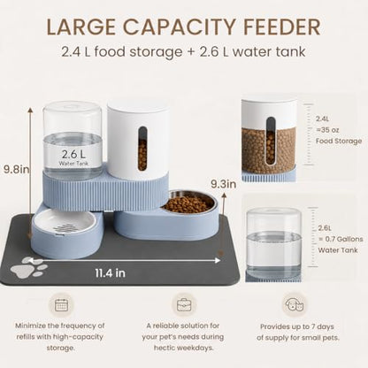 Gravity Cat Feeder 2 Pack Automatic Food Feeder Stainless Steel Water Dispenser Set 360 Degree Rotatable Pet Bowls with Silicone Mat for Cats Small Medium Dogs, Large Capacity(Blue) - color: Blue-With mat