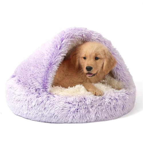 NOYAL Round Hooded Donut Dog Bed for Small & Medium Pets - Plush Fluffy Anti-Anxiety Cat Cave Bed with Cover - color: Gradient Purple, size: Medium 23.6''