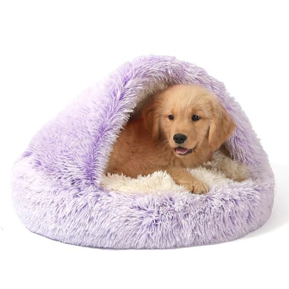 NOYAL Round Hooded Donut Dog Bed for Small & Medium Pets - Plush Fluffy Anti-Anxiety Cat Cave Bed with Cover - color: Gradient Purple, size: Medium 23.6''