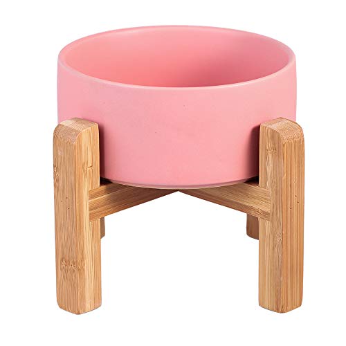 Ceramic Elevated Raised Cat Bowl with Wood Stand No Spill Pet Food Water Feeder Cats Small Dogs - color: Pink, size: Medium