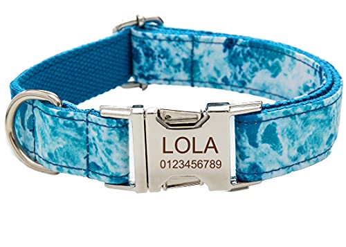 Personalized Dog Collar, Custom Engraving with Pet Name Phone Number ID Tag for Small Medium Large Breeds - color: Ocean Style, size: XS(length 9"-12")