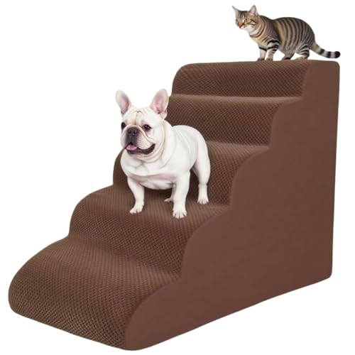 5 Step Pet Stairs Ramp for High Beds Sofas 23-30 Inch with Sturdy Non Slip Waterproof Pads, Machine Washable Cover Indoor Balanced Design for Cats Dogs Small Medium Large XL Pets Brown, Large, - color: Brown