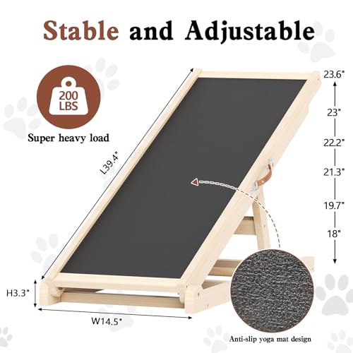 Dog Ramp for Bed Couch Car, 39.4" Long Wooden Steps for Small Pets | 6 Heights 18"-23.6", Holds 200 lbs, Foldable, No Assembly, For Older/Injured Small Pets, Solid Wood, Anti-slip Yoga Mat - size: 39.4"L x 14.5"W x 3.3"H