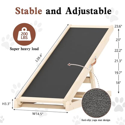 Dog Ramp for Bed Couch Car, 39.4" Long Wooden Steps for Small Pets | 6 Heights 18"-23.6", Holds 200 lbs, Foldable, No Assembly, For Older/Injured Small Pets, Solid Wood, Anti-slip Yoga Mat - size: 39.4"L x 14.5"W x 3.3"H