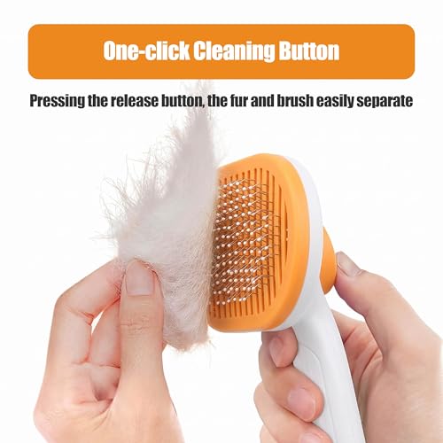 Self-Cleaning Pet Hair Brush & Fine-Tooth Comb | One-Button Fur Removal Tool | Rounded Stainless Steel Pins, Gentle on Skin | for Dogs & Cats, Long & Short Hair | Home Grooming Kit (orange)