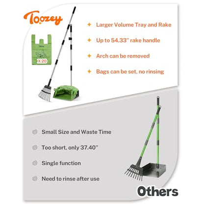 Toozey Dog Pooper Scooper for Large Dogs — 54" Extra Long Handle Poop Scooper for Yard Use, Extra Large Metal Tray & Bag Holder | Easy Cleanup for All Dog Sizes with 20 Bags - size: 54.33" Handle Rake