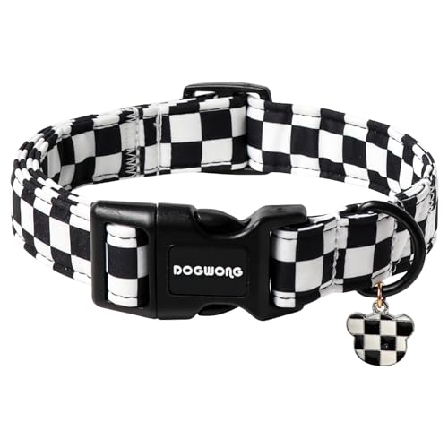 DOGWONG Checkered Dog Collar, Black Plaid Dog Collar Adjustable Soft Natural Fabric Pet Dog Collars Cute Puppy Necklace for Small Medium Large Dogs - color: B: Black Plaid, size: X-Small