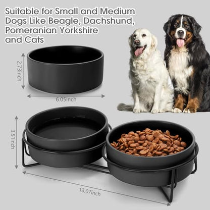 Ceramic Dog and Cat Bowl Set with Stand, 3.6 Cups Dog Food and Water Bowl Suitable for Small and Medium Pets (28.7oz Black) - color: Black, size: 28.7oz