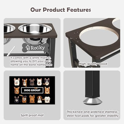 SHAINFUN Elevated Dog Bowls with Slow Feeder & Mat for Medium Large Dogs, Adjustable Height, Raised Dog Bowl Stand with 2 Stainless Steel 58oz Bowls, Tall Dogs Food Water Bowl Wooden & Metal Holder - color: Coffee-1.7L