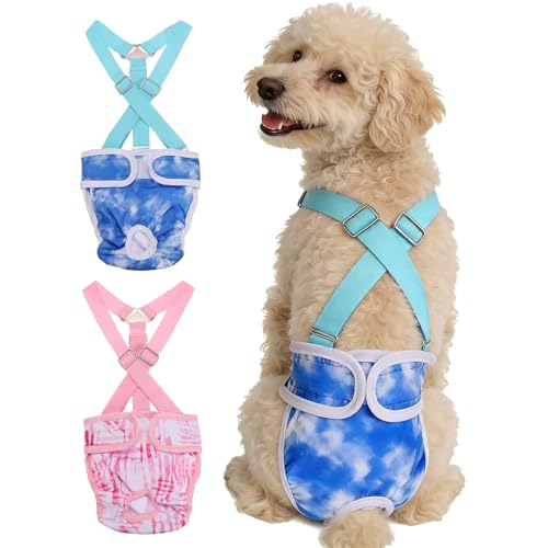 Washable Female Dog Diapers with Suspender, Reusable Dog Diapers Absorbent Leakproof(Tie-Dye Dark Blue/Tie-Dye Dark Pink S, 2Pcs), Intended for Female in Heat Cycle - color: Tie-Dye Dark Blue/Tie-Dye Dark Pink, size: S