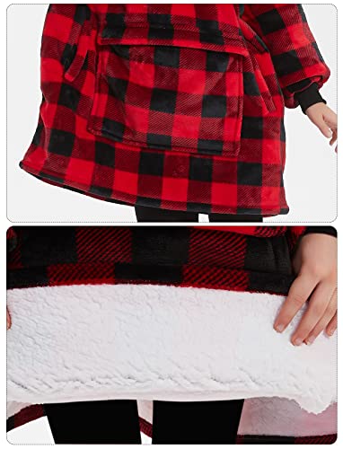 KFUBUO Wearable Blanket Hoodie for Kids Sherpa Patterns Oversized Sweatshirt Blanket With Pocket 6-10 Year Old Girl Boy Red Plaid - color: Red Plaid, size: Kids 6-10YR