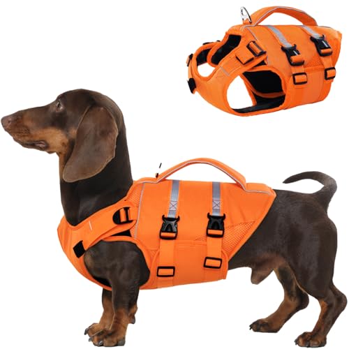 Kuoser Dog Life Jacket, High Flotation Dog Life Vest for Swimming Boating, Adjustable Ripstop Pet Lifesaver for Small Medium and Large Dogs, Reflective Safety Puppy Swimming Vest with Rescue Handle - color: A-Orange, size: Xs (Chest Girth:12.99-18.11'')
