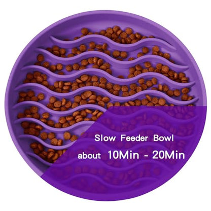 Slow Feeder Dog Bowls, Silicone Food Bowl Anti-Gulping, Pets Puppy Slow Feeder with Suction Cups, Dishwasher Microwave Safe for All Small Medium Dogs, Wave Design Purple - color: purple