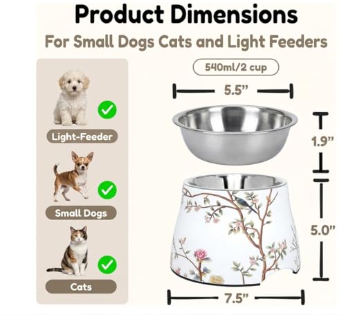 Ceramic Dog Bowl 5 inch Height for Cats and (10-25lbs) Small and Toy size Dogs includes Food-Grade 304 Stainless Steel Bowls Non-Slip 2 Cups(540ml) Bowl Feeder in an Artful and Design (White) - color: White, size: Small