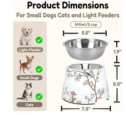 Ceramic Dog Bowl 5 inch Height for Cats and (10-25lbs) Small and Toy size Dogs includes Food-Grade 304 Stainless Steel Bowls Non-Slip 2 Cups(540ml) Bowl Feeder in an Artful and Design (White) - color: White, size: Small