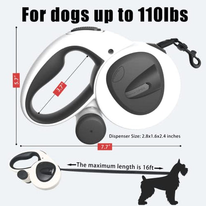 HCY&WLD Upgrade 4-in-1 Retractable Dog Leash with LED Light & Dispenser & Poop Bags, 16 ft Heavy Duty Dog Leash with Anti-Slip Handle for Dogs up to 110 lbs, 360° Tangle-Free, One Button Brake & Lock - size: Large