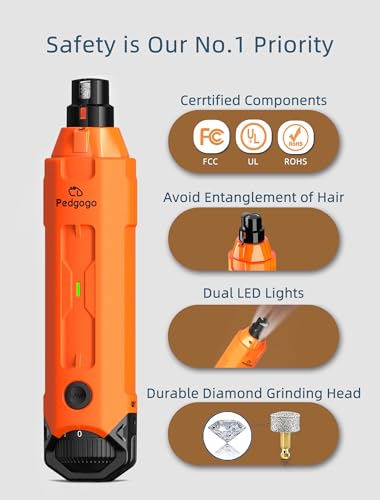 6-Speed Dog Nail Grinder & 3 Grinding Heads Super Quiet 45dB with 2 LED Lights 12000RPM Pet Nail Grinder& 3 Grinding Ports Dog Nail Trimmer for Large Medium Small Dogs with Dust Cap - size: Orange+3 Heads