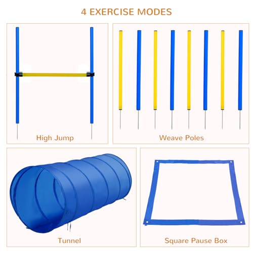 4Pc Obstacle Dog Agility Training Course with Jump Hurdle, Tunnel, Pause Box, Weave Poles and Carrying Bag, Backyard Fitness Set- Blue/Yellow