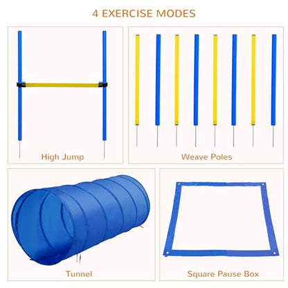 4Pc Obstacle Dog Agility Training Course with Jump Hurdle, Tunnel, Pause Box, Weave Poles and Carrying Bag, Backyard Fitness Set- Blue/Yellow