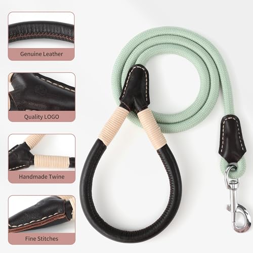 Mile High Life Dog Leash, Rope Leash with Genuine Leather Connection and Heavy Duty Metal Clasp, Great for Small Medium Large Dogs(Green,48 Inch) - color: Leather Handle-Light Green, size: 48 Inch-1/2"